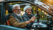 © Nano Photos - Senior couple enjoying a car ride together, with the woman driving and the man in the passenger seat, both smiling.
