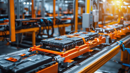 Wall Mural - Automotive production line with a focus on car batteries on an assembly conveyor in a modern manufacturing plant.