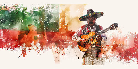 Mexican Flag with a Mariachi Musician and a Street Food Vendor - Visualize the Mexican flag with a mariachi musician representing Mexico's music culture and a street food vendor