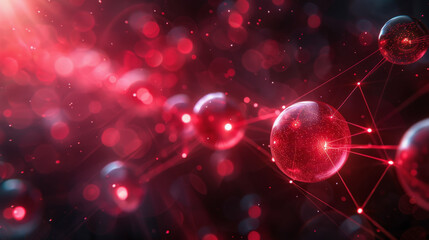Digital representation of molecules in red tones, illustrating atomic connections with glowing nodes and a bokeh effect background.