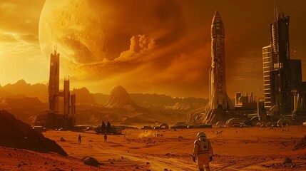 a man standing in a desert area with a giant planet in the background and a distant city on the horizon