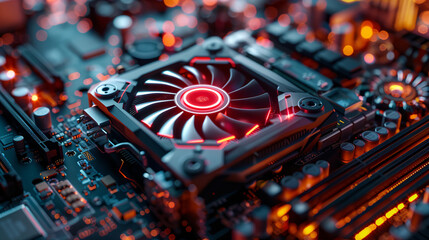 a close up of a computer motherboard with red lights on it's sides and a fan on top