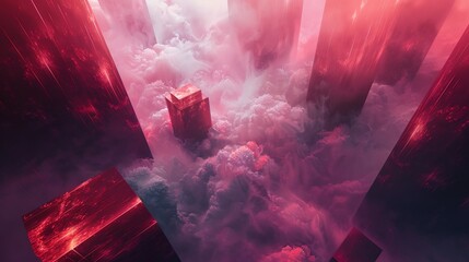 Wall Mural - a red and purple abstract painting of a city with skyscrapers and clouds in the background
