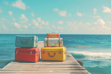 Travel baggage on the pier with the ocean as a background. idea with a tourism focus.