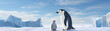 A penguin and its chick stand on the ice in Antarctica.