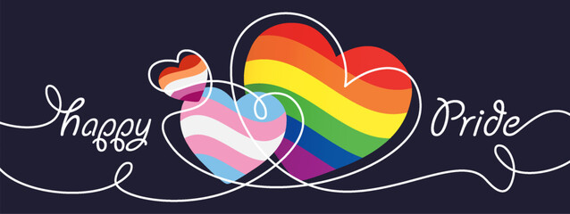 Pride Month banner with rainbow, lesbian, transgender flag hearts and continuous line drawing on dark background for LGBTQIA. Vector illustration.