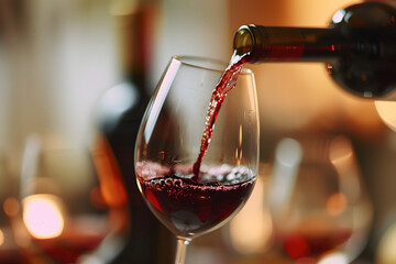 Red wine pouring into wine glass, close-up