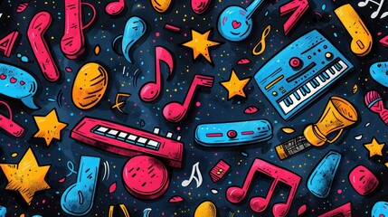 Colorful abstract music doodle Background. Hand drawn doodle illustrations in cartoon style