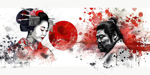 Japanese Flag with a Geisha and a Sumo Wrestler - Picture the Japanese flag with a geisha representing Japan's traditional arts and a sumo wrestler