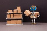 Fototapeta Dmuchawce - The robot sorts parcels and items, arranges cardboard boxes on the shelves, order storage process.