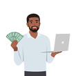 Young man making money in internet concept. Winning plenty of money in social media on laptop. Holding cash. Flat vector illustration isolated on white background