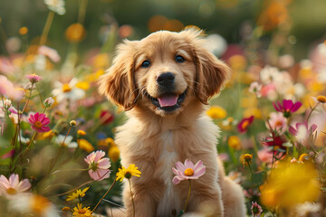 Wall Mural - A cute puppy playing in a field of flowers, with a wagging tail and happy expression