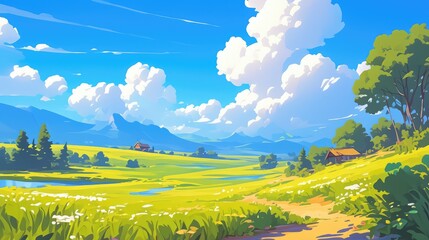 Wall Mural - capture the serene beauty of a springtime rural landscape featuring lush green fields under a clear 