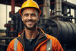 Portrait of a smiling oilman man on the background of oil pumping equipment
