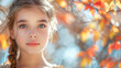 © aekkorn - Autumn banner , nice girl with yellow red fall leaves on blurred nature background .