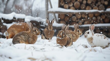 Wall Mural - Assorted domestic rabbits frolicking in winter wonderland snow on farm - cute bunny variety in chilly weather scene
