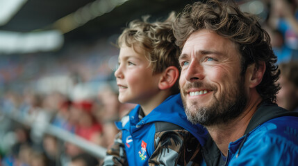 father and son in stands, filled with enthusiastic supporters of rugby or football team wearing blue clothes to support national sports team.