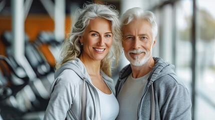 Wall Mural - senior woman man exercise gym fitness couple sport healthy elderly health training active happy portrait old fit mature female adult workout body vitality.