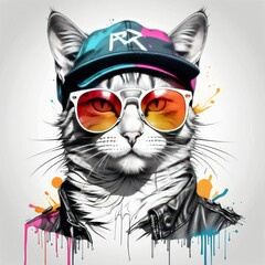 Wall Mural - cat with sunglasses and cap content created with generative AI software.