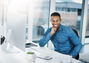 Aufkleber - Happy, black businessman and portrait in office with computer for interior designing with construction company for project development. Employee, creative and digital technology for research or ideas