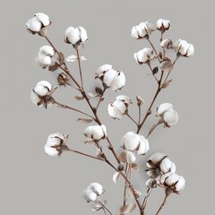 Wall Mural - A beautiful sprig of cotton on a gray background, a place for text. Delicate white cotton flowers.