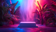 In the midst of vibrant, neon-colored surroundings stands a podium, exuding an aura of importance. The tropical hues cast a surreal glow, creating an otherworldly atmosphere around the podium