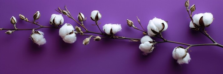 Wall Mural - A beautiful sprig of cotton on a purple background, a place for text. Delicate white cotton flowers.