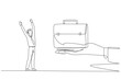 Single continuous line drawing businessman was excited to get the briefcase from the giant hand. Important prize. Simplify business trips. Increase company revenue. One line design vector illustration
