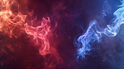 A wallpaper of two flames, one red and the other blue, smoke between them against a dark background.