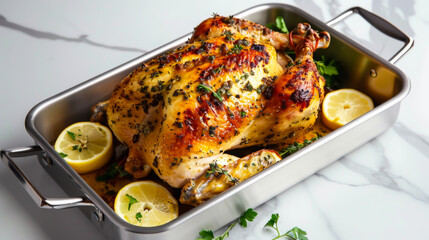 Wall Mural - Golden brown Keto Italian Lemon Herb Roasted Chicken, sizzling, herb-speckled crispy skin, zestful lemon slices