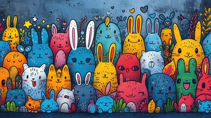 Wall Mural - Colorful cute bunny doodle Background. Hand drawn doodle illustrations in colorful cartoon style