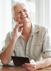 Poster - Tablet, senior man and thinking in home, laugh and online website for blog and read. Technology, email or digital or connection for app communication, social media or internet in house living room