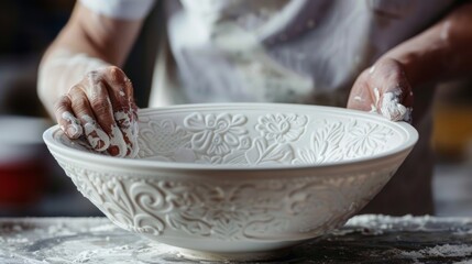 Wall Mural - The skilled hands of a master craftsman expertly etching a pattern onto a pristine white porcelain bowl..