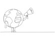 Continuous one line drawing globe holds and places the megaphone in front of his mouth. Care more about the earth. Protect the earth. Saving the planet. Single line draw design vector illustration