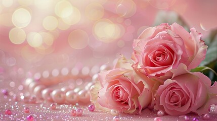 Wall Mural - A charming ensemble of pink roses elegantly paired with pearls set against a dreamy pastel backdrop with a touch of abstract blur This delightful composition is perfect for weddings exuding