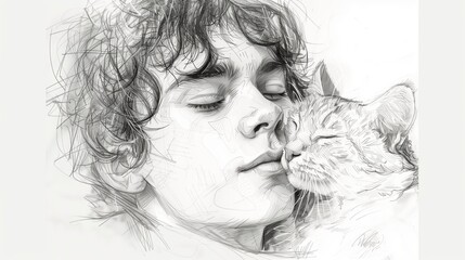 Wall Mural - Happy boy hug his cat. Close up black and white sketch of funny young man near the cute animal.
