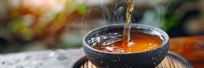 Pouring Hot Tea into Traditional Ceramic Bowl Outdoors