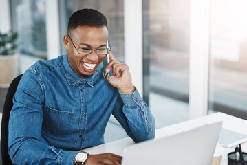 Aufkleber - Phone call, business and black man with smartphone at desk for conversation, networking or negotiating deal. Lens flare, office and happy consultant for discussion, talking or feedback on project