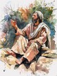 Watercolor Depiction of Jesus Christ in Contemplation of Parables and Miracles