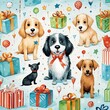Celebratory dogs with gifts, repeating motif for birthdaythemed stationery ,  childlike drawing