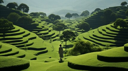 Poster - b'A woman standing alone in a lush green terraced landscape'