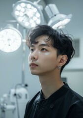 Wall Mural - b'Portrait of a young Asian man in a black shirt looking up at the surgical lights in a hospital operating room'