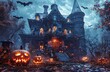 Haunted house with pumpkins and bats, spooky Halloween scene 