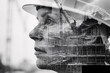 Double-exposure photo of a female civil engineer and a construction site