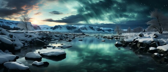 Wall Mural - b'Aurora borealis landscape with snow covered rocks in the foreground and mountains in the background'