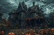 Haunted house with pumpkins and bats, spooky Halloween scene 