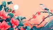 Asian style flowers and birds on the tree branch background pattern