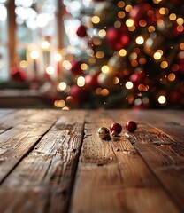Wall Mural - b'blurred christmas background with wooden table in front'