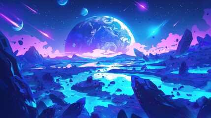 Canvas Print - behold the mesmerizing sight of earth as seen from an alien planet set against a neon space backdrop