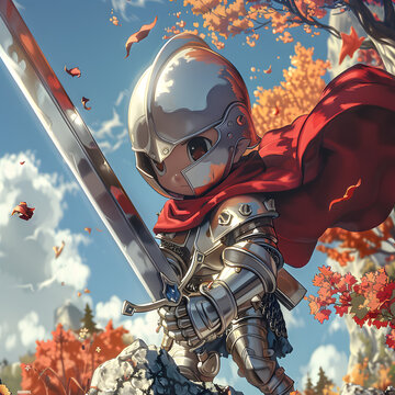 knight in armour holding a sword in anime style.